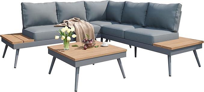 Christopher Knight Home Lofye Outdoor Aluminum Sectional Sofa Set with Coffee Table, Modular Patio Conversation Set, 5-Seater Seating Group Chat Set for Porch Backyard Balcony, 94.5‘’, Natural + Gray