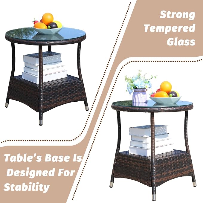 Outdoor Rattan Patio Side Tables, Wicker Table with Clear Tempered Glass Top, Patio End Tables with Storage Shelf, Outdoor Small Tables for Patio,Porch,Balcony,Backyard (Brown, 21.00 Inch)