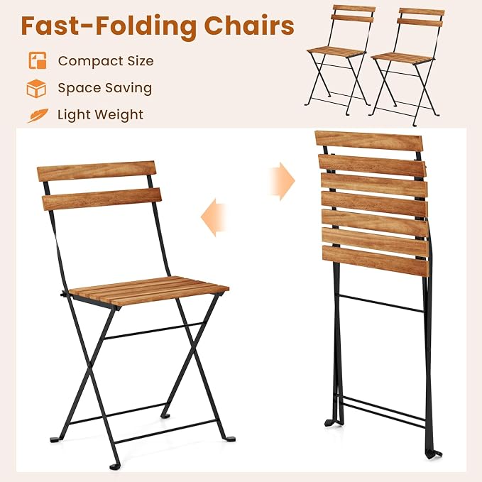 Tangkula 3 Pieces Patio Dining Set, Outdoor Square Table and Folding Chairs with Metal Frame, Space Saving Furniture Set for Yard Porch Deck Backyard