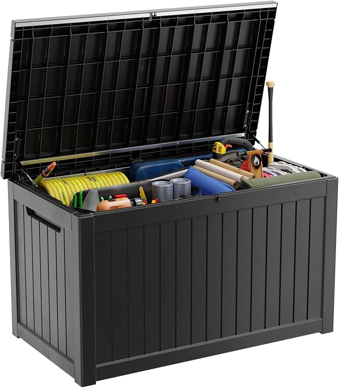 ROJIK 280 Gallon Deck Box Outdoor, Waterproof Outdoor Storage Boxes with Lids, Outside Resin Lockable Storage Box for Patio Cushions, Garden Tools(Black)