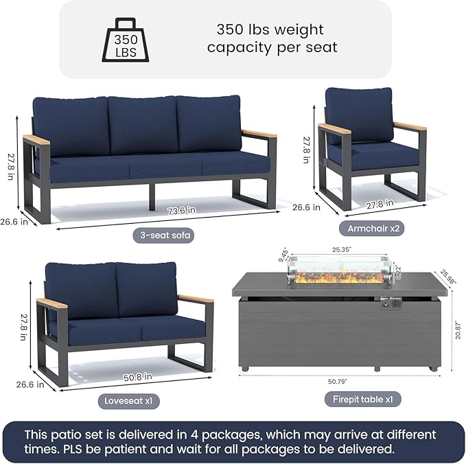 Sundale Outdoor Aluminum Patio Furniture Set, 5 Piece Outdoor Conversation Sets with Fire Pit and 6" Thick Olefin Cushions, All Weather Outdoor Sectional Set for Deck, Lawn, Yard (Navy Blue)