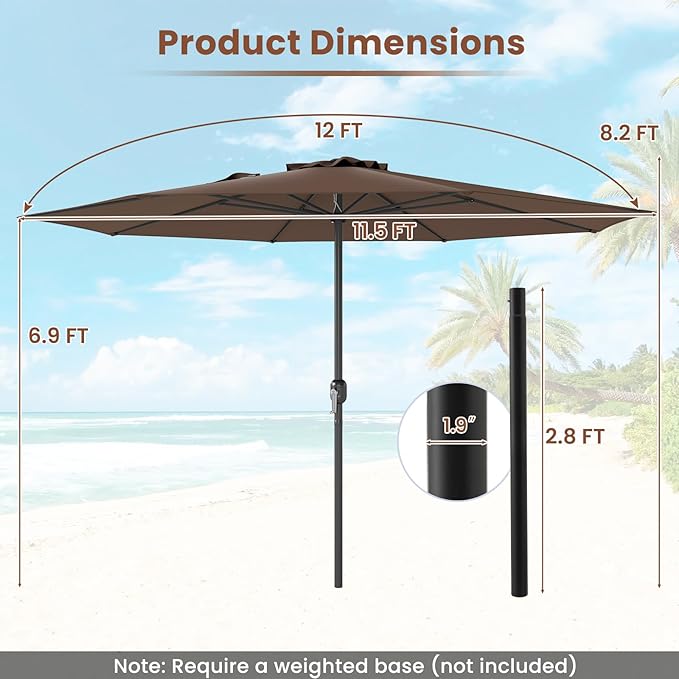 Tangkula 12 FT Patio Umbrella, Double-Tier Outdoor Umbrella with Crank Handle, 8 Sturdy Ribs, Sun-Protective Canopy for Market Table Pool Deck Garden Backyard (Tan)