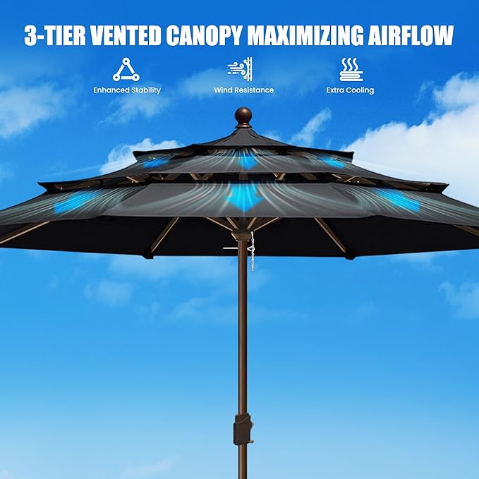 EliteShade USA 10-Year-Non-Fading 11ft 3-Tier Market Patio Umbrella, Commercial Grade Outdoor Table Umbrella with Crank Open, Windproof & UPF 50+ UV Protection, Heavy Duty Ventilation for Garden, Deck, Pool, Backyard, Beach & Bistro, No Tilt, Black