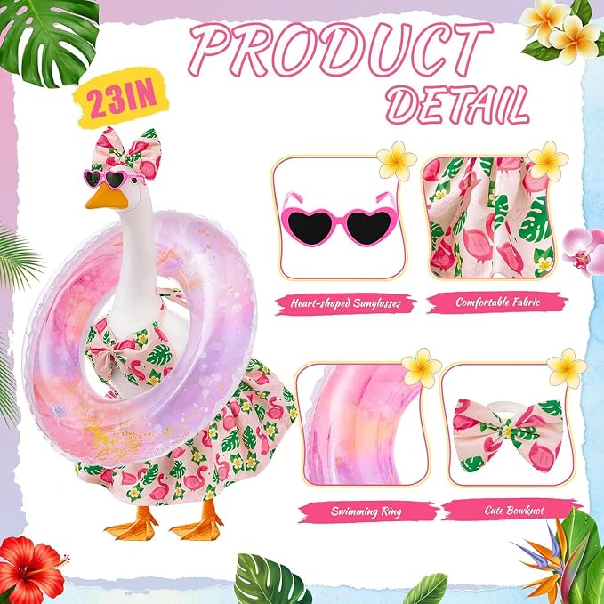 Bikini Porch Goose Outfits Fits 23" Goose Statue Summer Porch Goose Outfit with Sunglasses and Swim Ring Hawaiian Porch Goose Clothes Costume for Outdoor Garden Lawn Yard Decor(Flamingos)