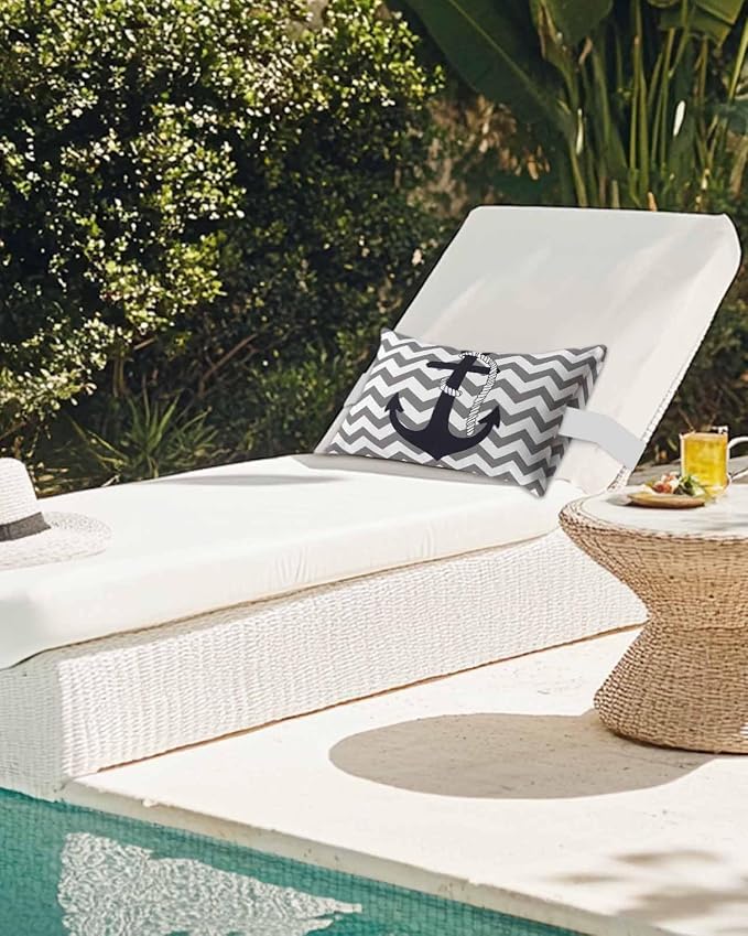 Nautical Anchor Outdoor Pillows Waterproof Covers, Gray Background Adjustable Elastic Chaise Lounge Head Resting Pillows, Decorative Lumbar Pillow for Pool Patio Furniture