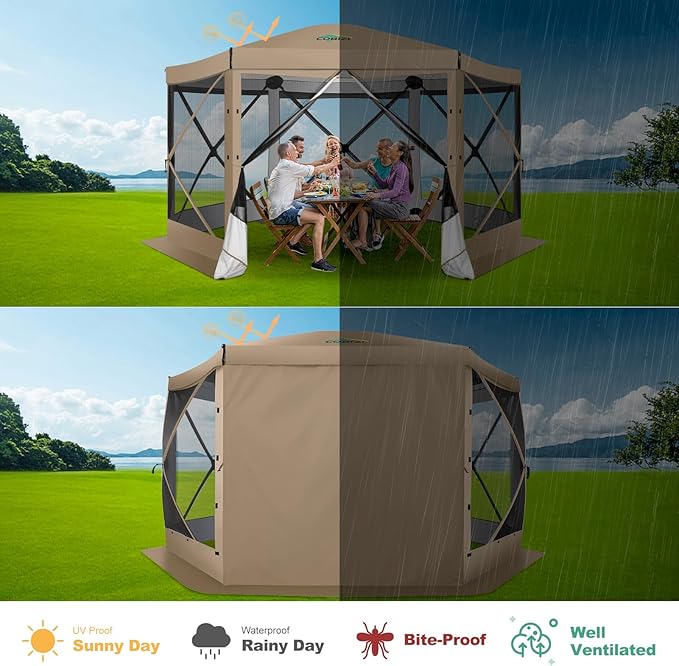 COBIZI 12x12 FT Pop Up Canopy Extendable Tent, Gazebos On Clearance with Removable Roof,Screened in Gazebo,Screen Tents Portable carpas para Patio for Outdoor Camping,Backyard, Garden,Khaki(Upgraded)