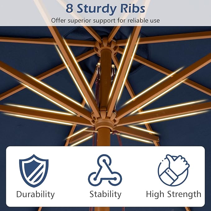Tangkula 9 FT Patio Umbrella, Outdoor Table Market Umbrella with 8 Wooden Ribs, 3 Adjustable Heights, Rope Pulley System for Garden, Vented Top for Pool Backyard Deck Garden