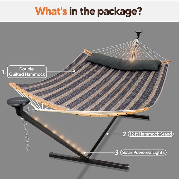 SUNCREAT Double Outdoor Hammock with 12 ft Stand, Stand Alone Hammock with Solar Powered Lights, Gray Stripes