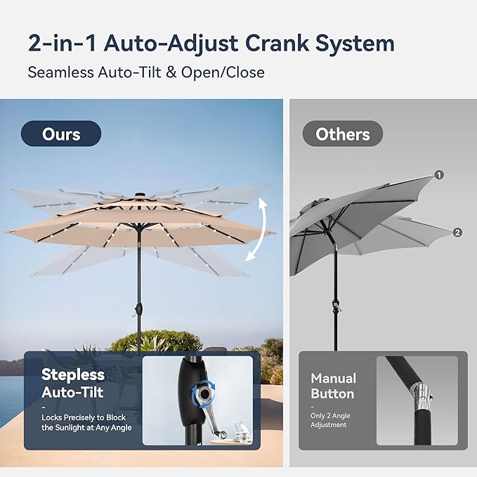 PHI VILLA 10ft Patio Umbrella with Solar Lights, Outdoor 3 Tier Vented Large Market Table Umbrella with 8 Sturdy Ribs and 1.5" Umbrellla Pole for Lawn Poolside Garden Terrace, Beige & Tan