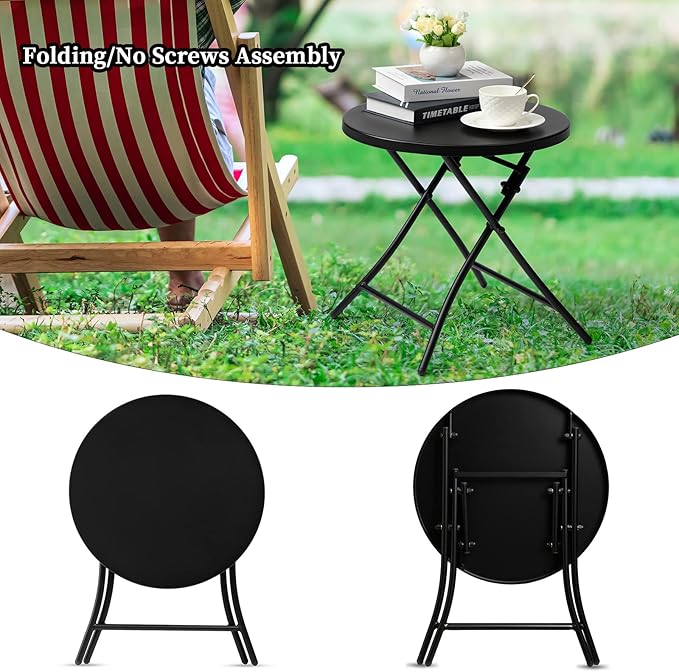 Outdoor Side Table, Folding Round Metal End Table, Weather Resistant Small Patio Accent Table for Porch Yard Balcony Deck (All Black)