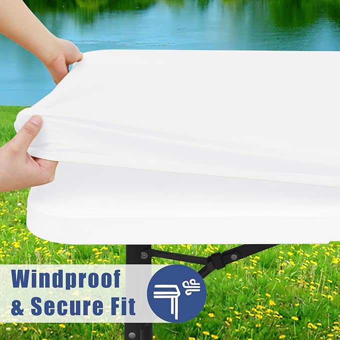 Moosfor Spandex 8 Foot Rectangle Table Cloth 2 Pack, Elastic Fitted Tablecloths for Picnic, Stretch Washable Patio Table Cover for Outdoor, Camping, Banquet and Parties (White, 36"x96")