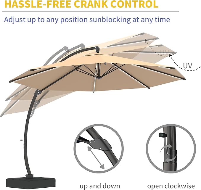 Kingdura 11ft Offset Cantilever Patio Umbrella with Solar Lights, Large Round Outdoor Umbrella with Base Included, Aluminum Frame, 360° Rotation & Infinite Tilt for Deck Pool Backyard, Champagne