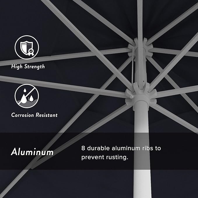 California Umbrella 12-Year Protection 9' Rd Aluminum Patio Umbrella, Crank Lift, Auto Tilt, White Finish, Sunbrella Indigo