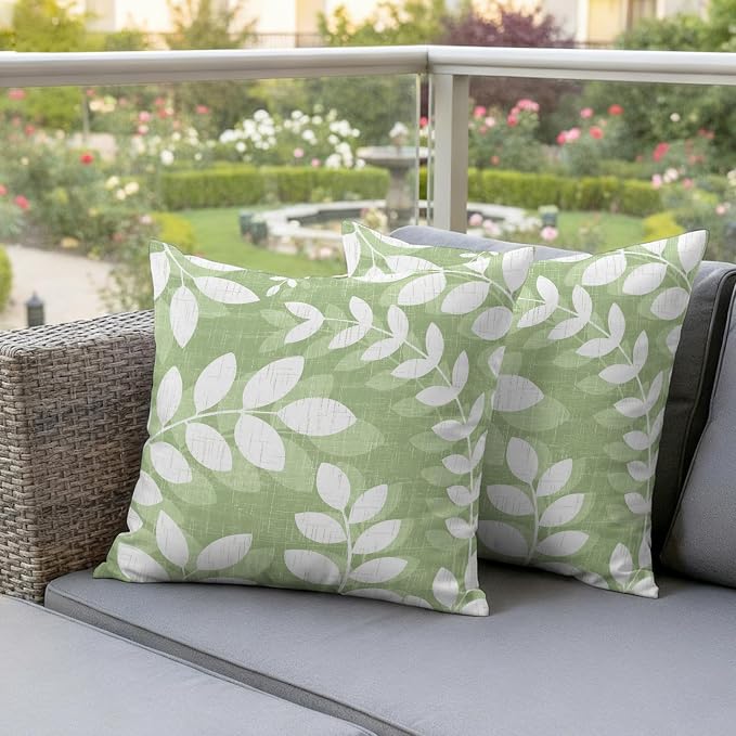 Olive Green Leaves Outdoor Waterproof Throw Pillow Covers 24x24 Set of 2, Farmhouse Botanical Branch Vintage Boho Decorative Pillowcases Cushion Pillowcase for Couch Sofa Patio Pillow Protector