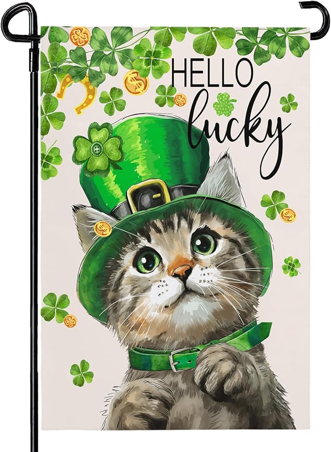 St Patricks Day Garden Flag 12X18 IN Double Sided Lucky Cat Garden Flags for Outside Farmhouse Yard Outside Decoration
