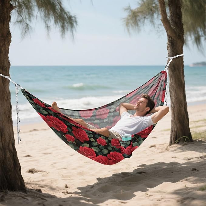 Camping Hammock Outdoor Hammocks for Outside Red Rose Leaves Beach Trees Portable Lightweight with Pockets Tree Straps Indoor