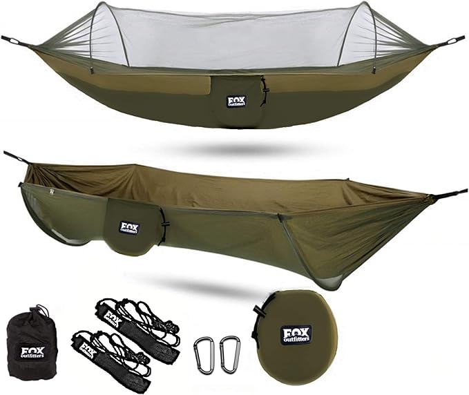 Fox Outfitters Mosquito Net Hammock XL - Built in Mosquito Net - Bug Protection - Easy Set Up - Comes with Tree Safe Hammock Straps & Steel Carabiners