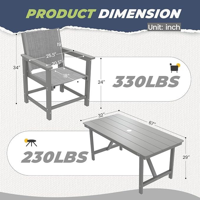 5 Pieces Outdoor Dining Sets HDPE Patio Dining Table and Chair Set for 4 | Weather Resistant; With Umbrella Hole