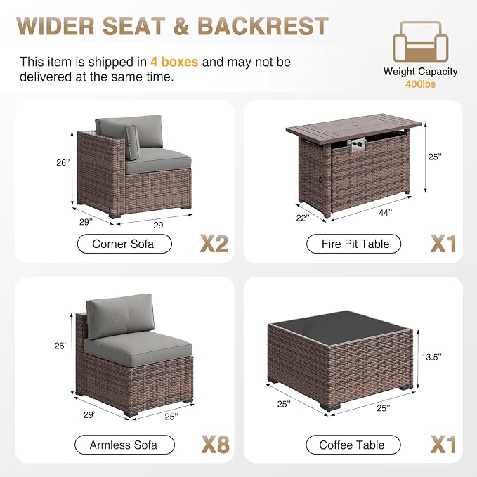 Aoxun Patio Furniture Sets, 12-Piece Outdoor Patio Furniture with 44'' Propane Gas Firepit Table, Wicker Outdoor Conversation Set Sectional Sofa for Backyard, Poolside, Garden