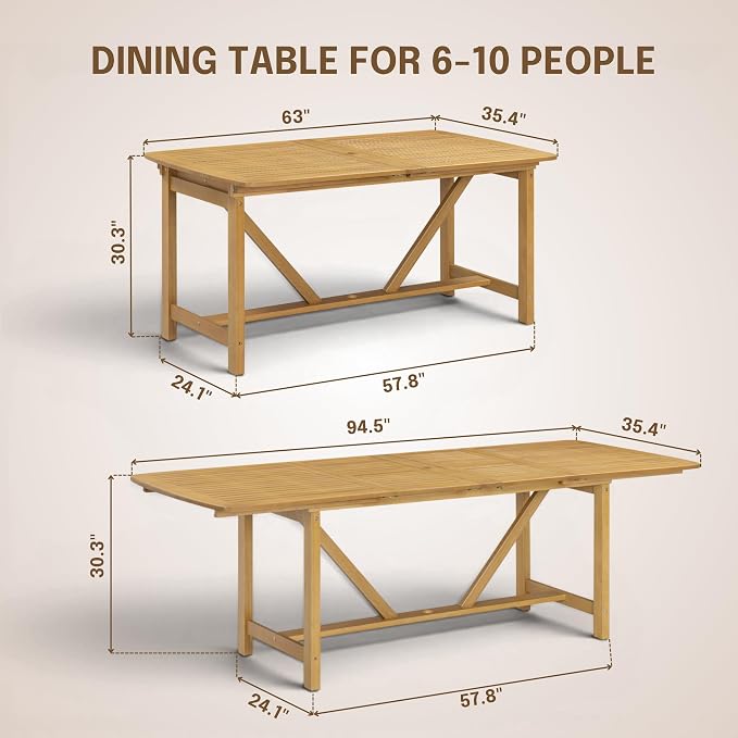 NTC Flexa Extendable Outdoor Dining Table, 63"–94.5" Solid Wood Patio Table for Patio Dining Sets with 8 Terra Chairs Weather Resistant, Easy Assembly, Natural