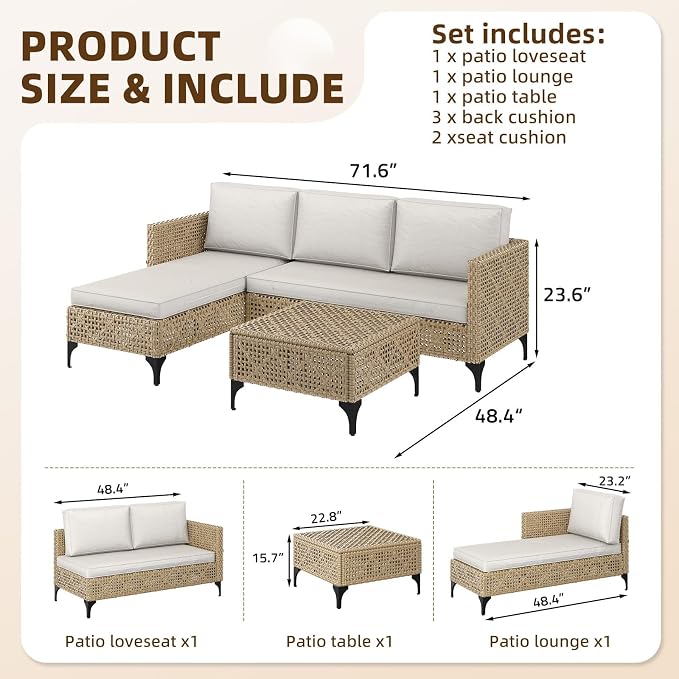 U-MAX 3-Piece Outdoor Patio Furniture Set, Wicker Rattan Conversation Sofa Set with Cushions and Coffee Table, Brown