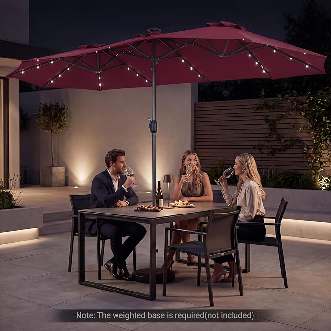 Tangkula 13 Ft Solar Patio Umbrella, Double-Sided Extra Large Outdoor Market Table Umbrella with 36 LED Lights, Crank Handle, 12 Sturdy Ribs for Poolside, Garden & Backyard (Burgundy)