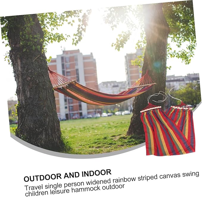 Single Person Traveling Hammock with Anti-tip Design, Rainbow Striped Canvas Cotton Outdoor Swing for Camping and Leisure Use