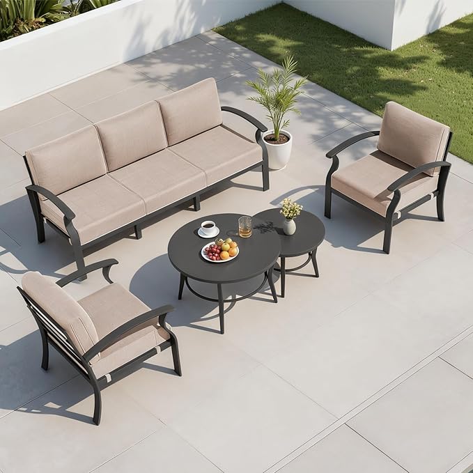 Aluminum Outdoor Patio Furniture Set,5 Seats Patio Conversation Sets with 2 Round Coffee Tables,Metal Patio Sectional Furniture Set with 5.1" Thickened Cushions,Sand