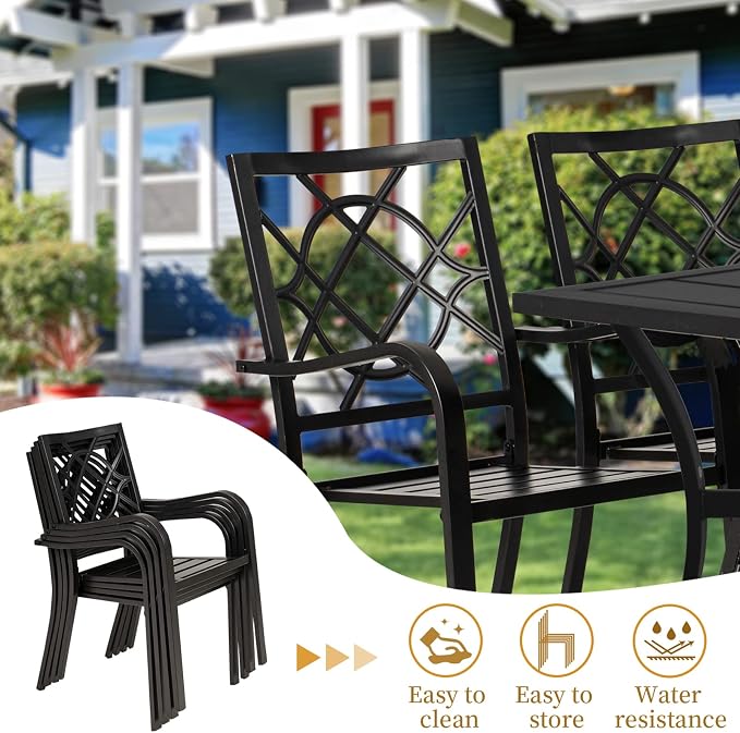 SOLAURA 8-Piece Outdoor Patio Dining Set, 6 Person Outside Table and Chairs Set, Metal Stacked Chairs of 6, Slat Table Top with 1.57" Umbrella Hole and 9 FT Patio Umbrella (Black)