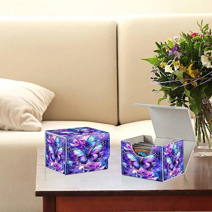 Card Deck Box for MTG, Cards Storage Box Fits 120+ Sleeved, Leather Small Size Strong Magnetic Closing Card Case for Board Games Magic TCG CCG Baseball Collection, Purple Butterfly Flower