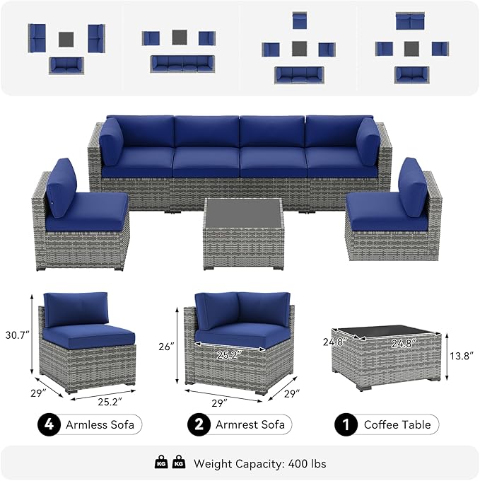 LazySunsets 7-Piece Patio Furniture Set, Wicker Rattan Outdoor Furniture with Thick Cushions, Patio Conversation Sets with Coffee Table, Outdoor Sectional Couch Sofa with Waterproof Cover, Blue