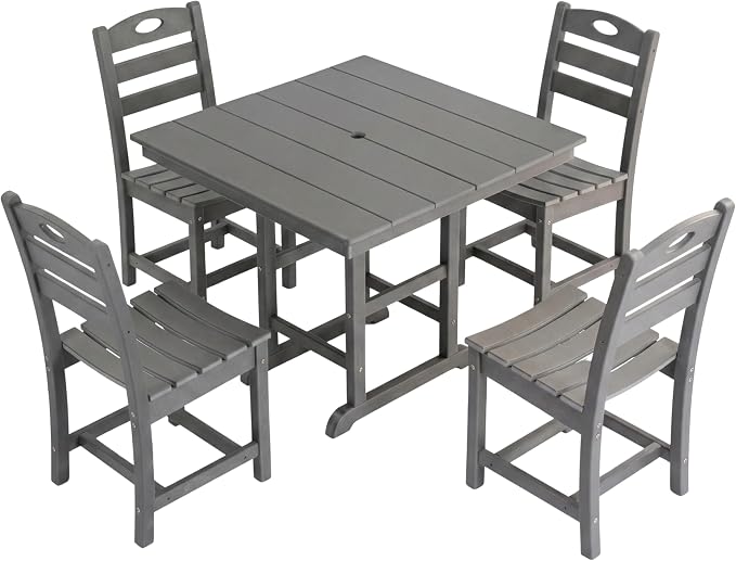 WILLIAMSPACE 37.8" Outdoor Patio Dining Set with 4 Armless Chairs, All Weather HDPE Square Dining Table with Umbrella Hole, Patio 5-Piece Bistro Set for Backyard, Balcony, Lawn, Kitchen (Grey)