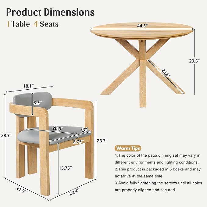 5-Piece Outdoor Dining Set, Solid Acacia Wood Patio Table with 4 Barrel Chairs, Cushioned Seats & Backs (Non-Removable), Modern Garden Conversation Set, Gray Cushion