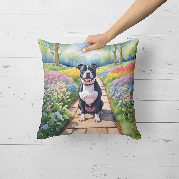 Caroline's Treasures Staffordshire Bull Terrier Spring Path Throw Pillow Machine Washable, Indoor Outdoor Decorative Pillow for Couch, Bed or Patio, 18Hx18W