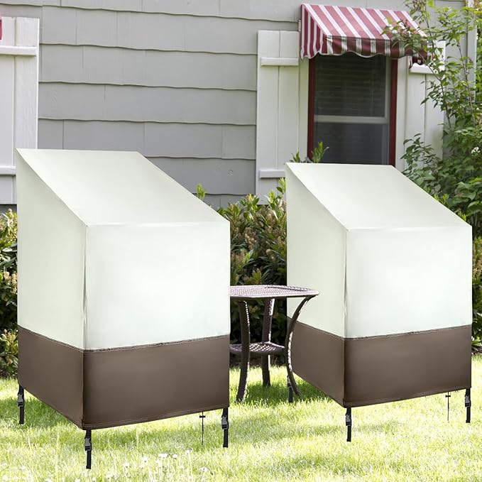 QWORK 2-Pack Stackable Patio Chair Covers - 36"Lx28"Wx47"H Waterproof Outdoor Lawn Patio Furniture Covers, Fits 4-6 Chairs, Beige & Brown