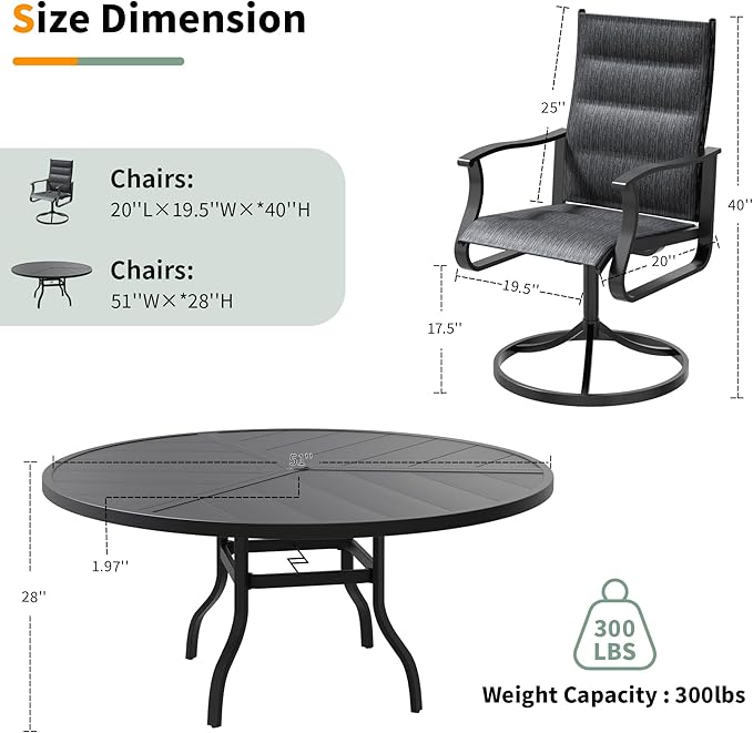 UDPATIO 7 Piece Outdoor Patio Dining Set, Outdoor Patio Table and Chairs Set, 51" Round Table with Umbrella Hole, Patio Swivel Chairs, Patio Table with Chairs for Lawn, Deck, Yard, Backyard