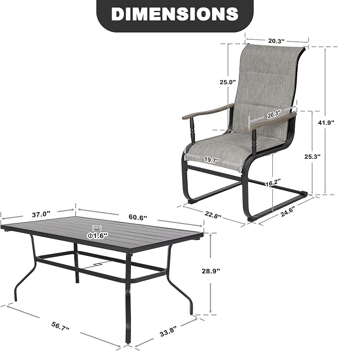 NUU GARDEN 7-Piece Patio Table and Chair Set, Grayish Brown Spring Chairs | All-weather dining table with umbrella hole, 6 padded textilene C-spring motion chairs with wood-grain armrests