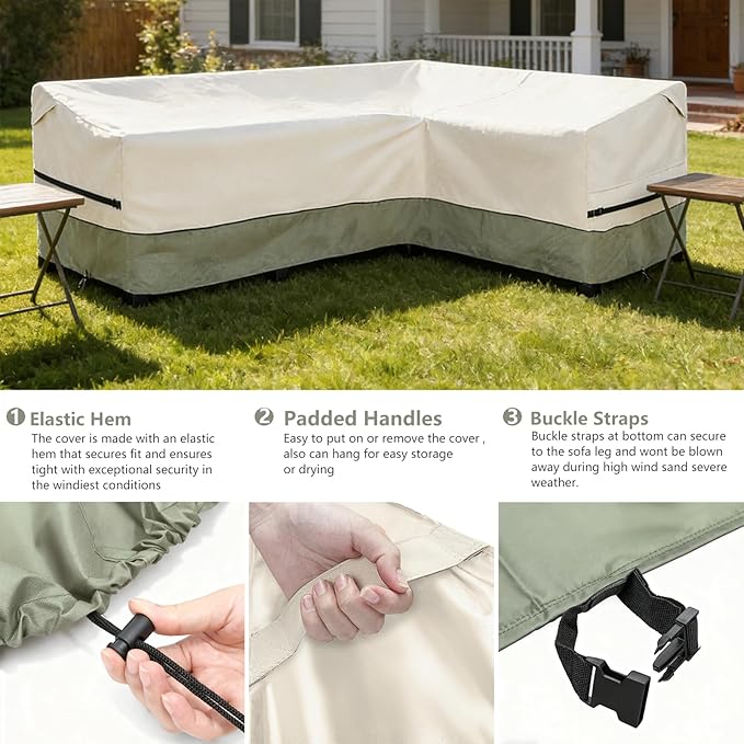 okcool Outdoor Sectional Sofa Cover Waterproof-L-Shaped Patio Furniture Covers for 4-Seater Outdoor Sectional Furniture Couch 85”W (Back Length) x 58”W (Right Side),White&Grayish Green