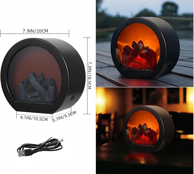 Simulated LED Fireplace Lantern USB & Battery Powered Flameless Light with Simulation Flame Table Decorative Lamp Mini Fireplace Ornament for Cozy Home Decor Free Standing Electric Log Burner