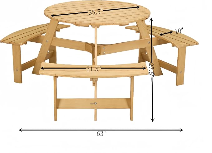 JOYBASE 6-Person Wooden Picnic Table, Outdoor Round Table with Built-in Benches and Umbrella Hole, Picnic Table Bench Set for Patio, Backyard, Garden (Natural)