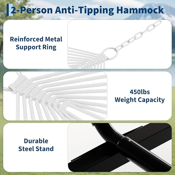 Double Hammock with Stand for Outdoor Use – 2-Person Portable Hammock with Curved Spreader Bar & Balance Ropes, Heavy Duty 450 LBS Capacity for Backyard, Patio & Camping, Red
