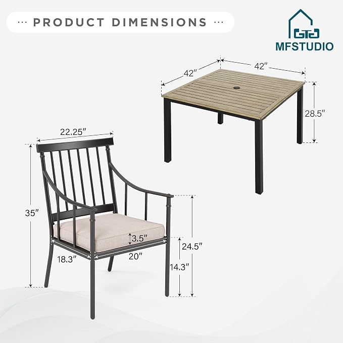 MFSTUDIO 5-Piece Patio Dining Set, Metal Chairs, Umbrella Hole, Beige | 42" Square Wood-Look Metal Table, Removable Cushions