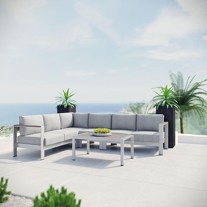Modway Shore 5-Piece Aluminum Outdoor Patio Sectional Sofa Set in Silver Gray