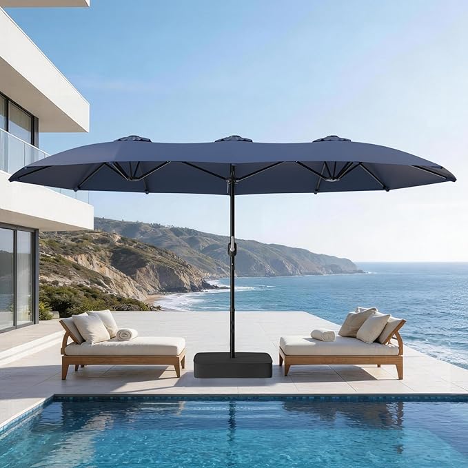Suteck 15FT Patio Umbrella with Base Included, Double-Sided Rectangle Outdoor Large Umbrella with Crank Handle, UV & Fade Resistant Canopy for Poolside, Backyard, Deck and Market, Dark Blue