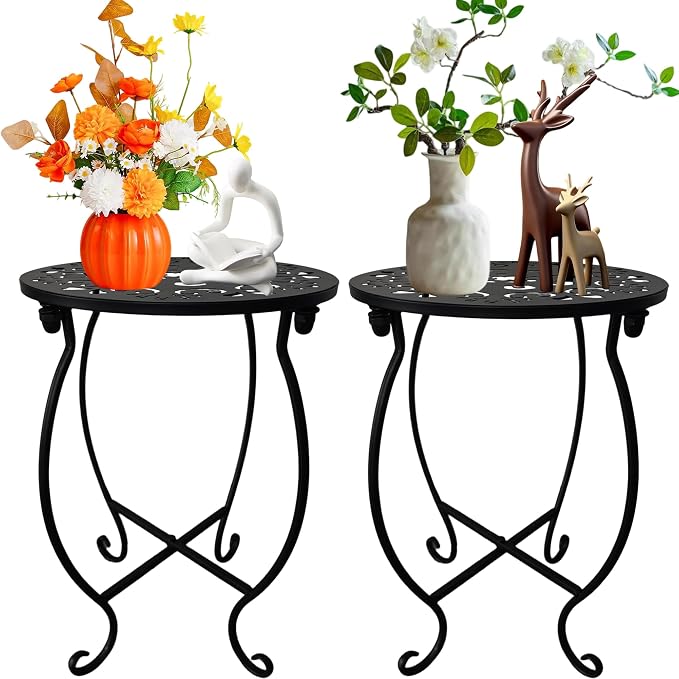 Outdoor Side Tables, 10" Round 15" Tall Patio Side Table, Set of 2 Metal Small Round Side Table for Patio Yard Porch Balcony Garden Bedside, Plant Stand for Indoor Outdoor