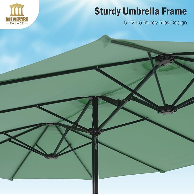 HERA'S PALACE 15ft Umbrella Patio Outdoor with Base Large Rectangle Table Double Market Umbrellas Clearance Included Stand for Deck Outside Pool Picnic Inground Yard Commercial, Mint