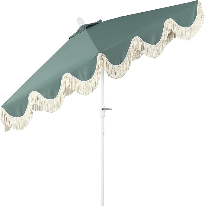 JONATHAN Y UMB1001 Collins 9 ft. Classic Cottage Tassel Market Patio Umbrella with Auto-Tilt, Crank, Wind Vent and UV Protection
