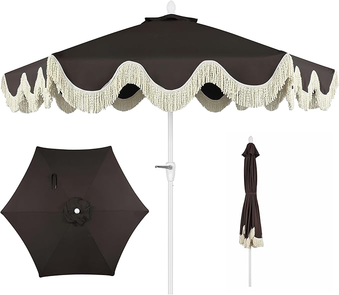 JONATHAN Y UMB1001 Collins 9 ft. Classic Cottage Tassel Market Patio Umbrella with Auto-Tilt, Crank, Wind Vent and UV Protection
