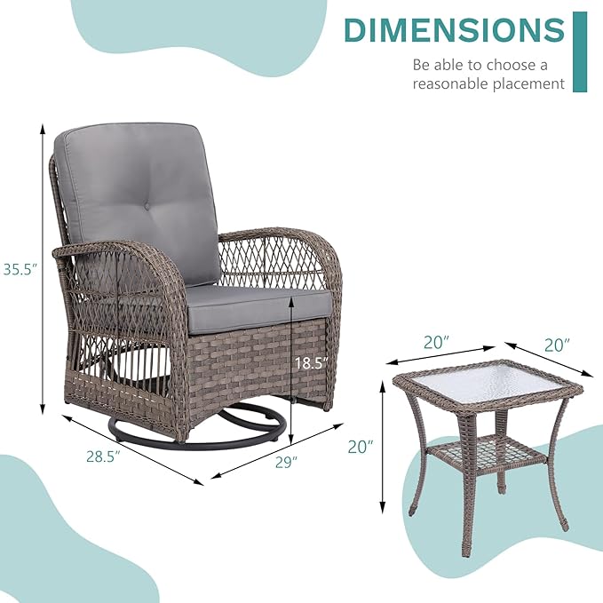 MEETWARM 3 Pieces Outdoor Wicker Swivel Rocker Patio Set, Rocking Chairs Rattan Patio Furniture Sets with Thickened Cushion and Glass-Top Coffee Table, Conversation Bistro Set for Porch (Gray)