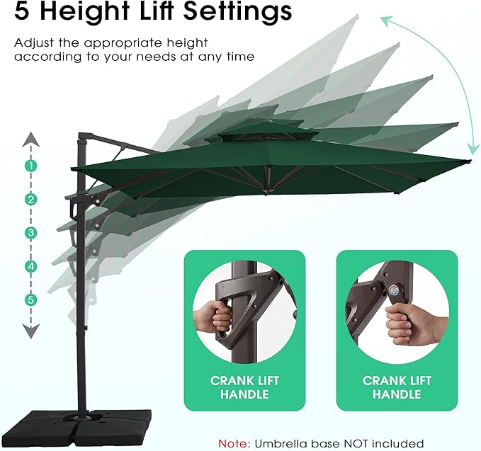 JEAREY 12ft 2-Tier Cantilever Patio Umbrella, Large Square Outdoor Offset Umbrella with Double Top Vent and 360-degree Rotation for Garden, Deck, Pool, Patio, Dark Green